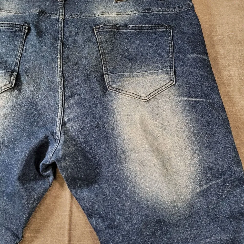 Encrypted Baggy Distressed Zipper Knees‎ Jeans Mens Blue Actual Size 44 x 33